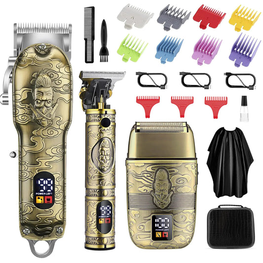 Soonsell Professional Hair Clippers for Men Cordless， Mens Clippers and Grooming Set，Electric Shavers Clippers and T-Blade Trimmers Set，Hair Cutting Kit LCD Display（Bronze)